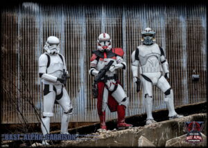 Bast Alpha Garrison troopers in stormtrooper, clone commander, and clone trooper armor